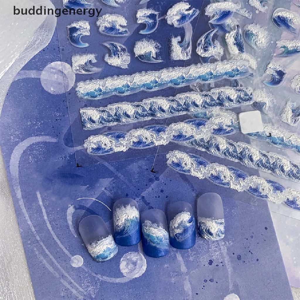 Miếng Dán Mềm Mại Dập Nổi Hình Sóng Biển Trắng Xanh 5D Trang Trí Móng Nghệ Thuật