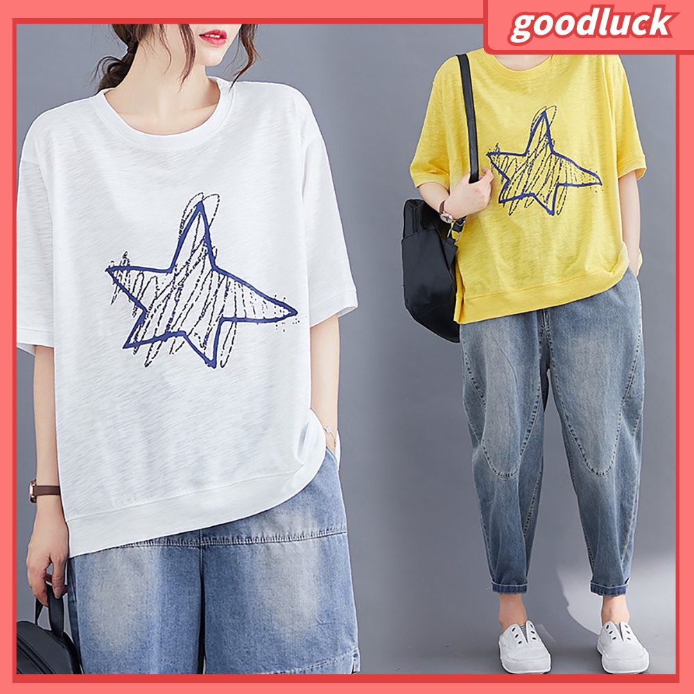Áo Thun Cotton Tay Ngắn Cổ Tròn In Hình Ngôi Sao Thời Trang Mùa Hè Cho Nữ
