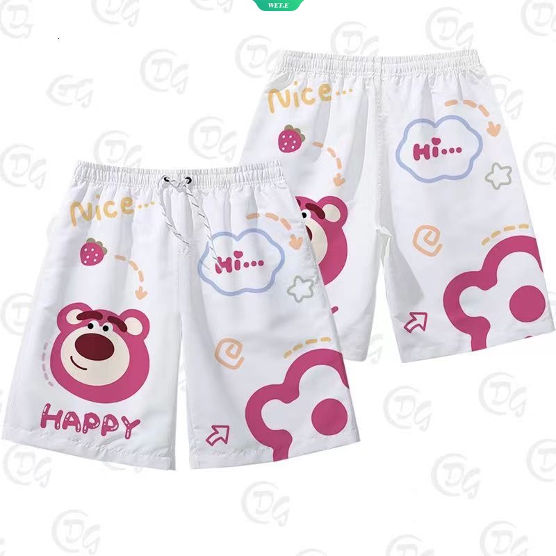 Quần Short Đi Biển Dáng Rộng Nhanh Khô In Họa Tiết Hoạt Hình Chú Gấu / Dâu Tây Thời Trang Mùa Hè 2023