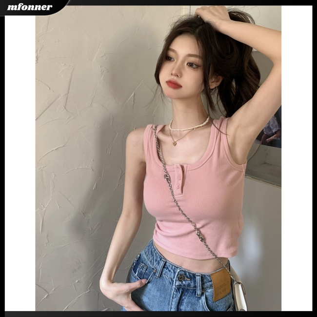 Áo Croptop Dệt Kim Không Tay Cổ Chữ U Màu Sắc Đơn Giản Cho Nữ