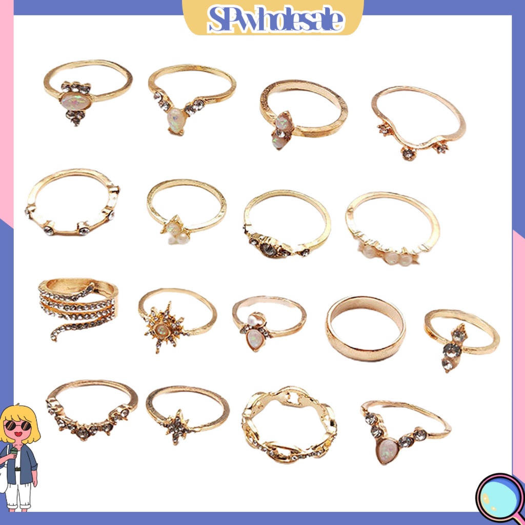 <SPwholesale> Set 17 Nhẫn Đeo Khớp Ngón Tay Đính Đá Phong Cách Vintage Cho Nữ