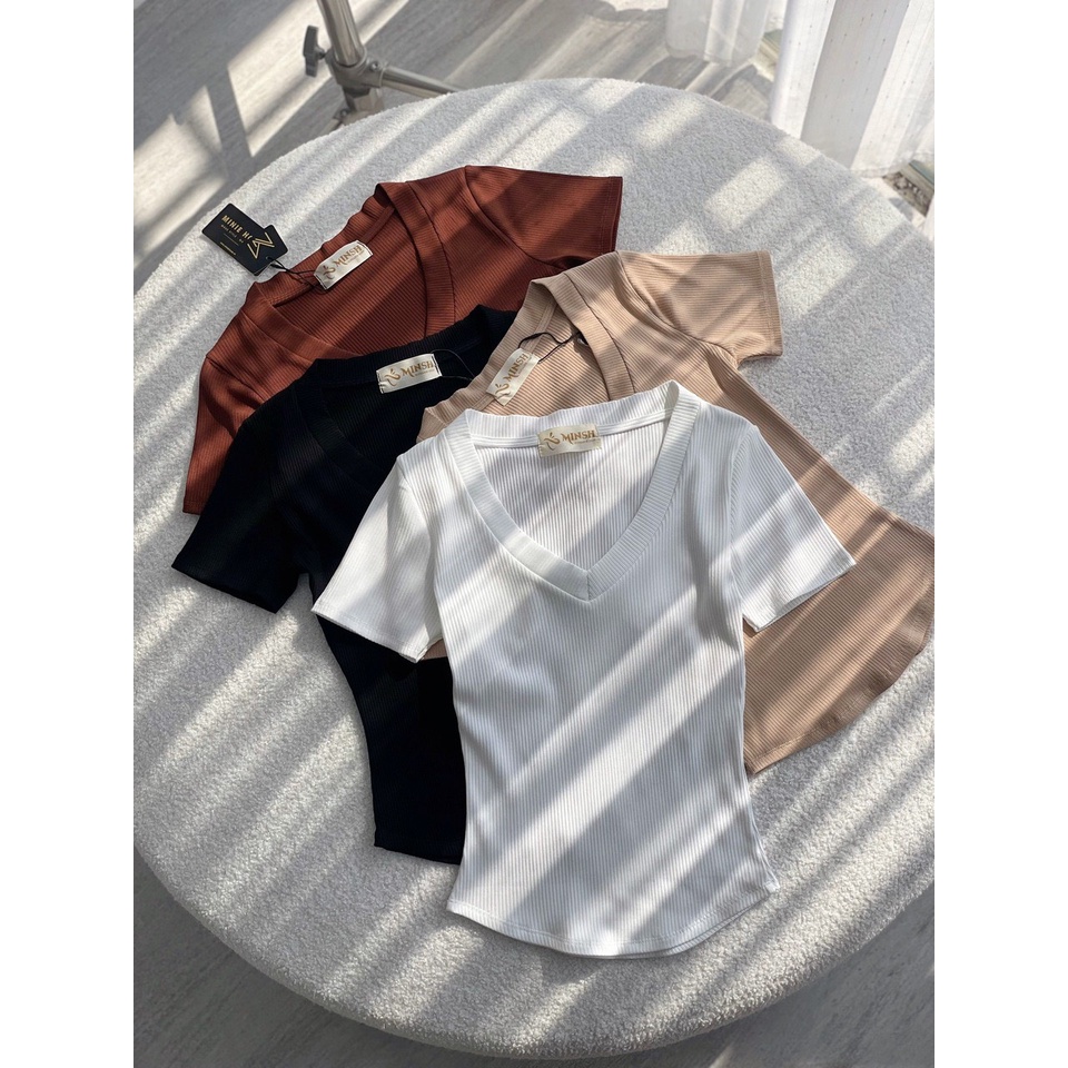 MINIE - Áo thun body tay ngắn cổ tim vạt bầu 4026 (thun gân co giãn tốt, hàng xịn, form đẹp, đường may kỹ) cổ V