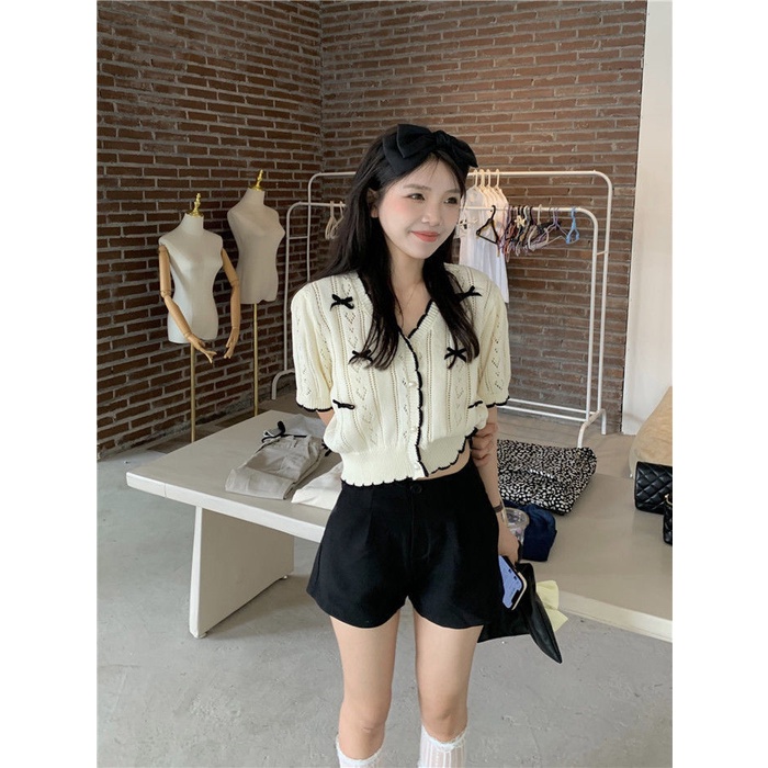 COZOK Áo Thun Dệt Kim Ngắn Tay Khoét Lỗ Đính Nơ Phong Cách retro Thời Trang