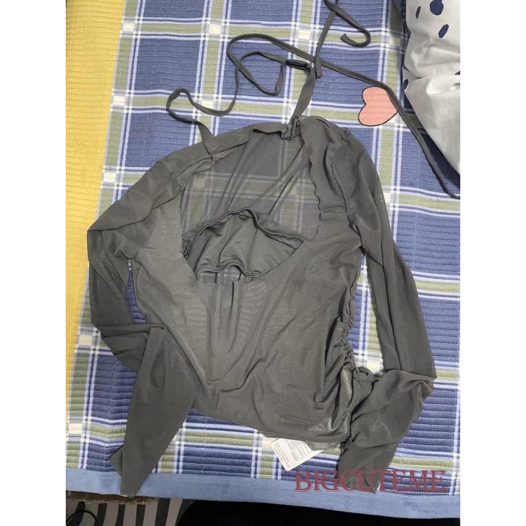 Áo Croptop Tay Dài Cổ Vuông Phối Lưới Màu Sắc Đơn Giản Cho Nữ