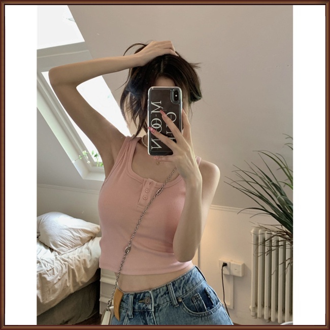 Áo Croptop Dệt Kim Không Tay Cổ Chữ U Màu Sắc Đơn Giản Cho Nữ