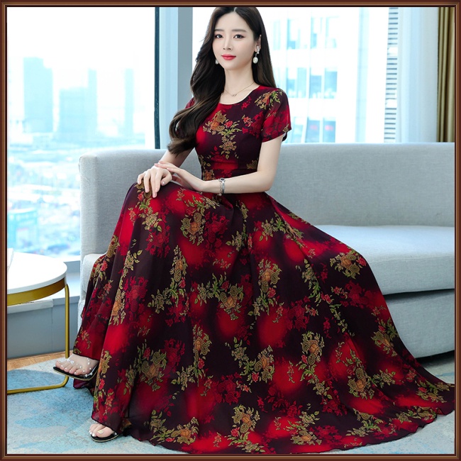 Đầm Midi Tay Ngắn Cổ Tròn Dáng Chữ A in Họa Tiết Hoa Thời Trang Xinh Xắn Cho Nữ