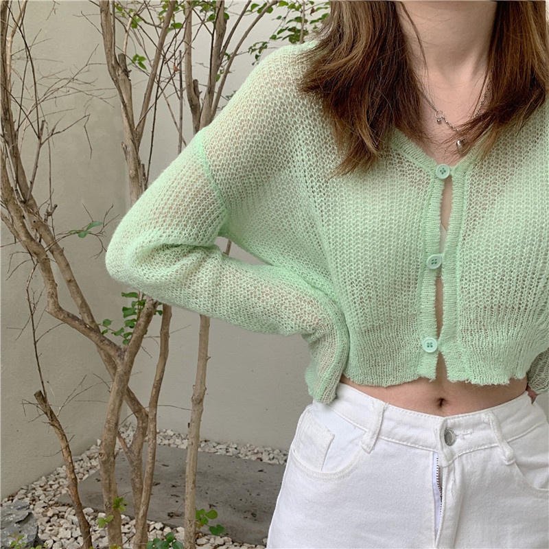 IELGY    Áo Khoác cardigan Dệt Kim Màu Sắc Trơn Phong Cách Pháp Cổ Điển Thời Trang Chống Nắng Cho Nữ