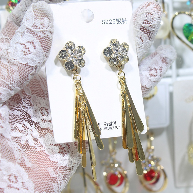 Khuyên Tai Tua Rua Dáng Dài Hình Hoa Năm Cánh Đính Đá Pha Lê Phong Cách Hàn Quốc Thời Trang Cho Nữ