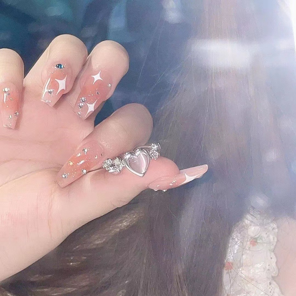 Nhẫn Hở Hình Trái Tim Mắt Mèo Đính Đá Sang Trọng Cho Nữ