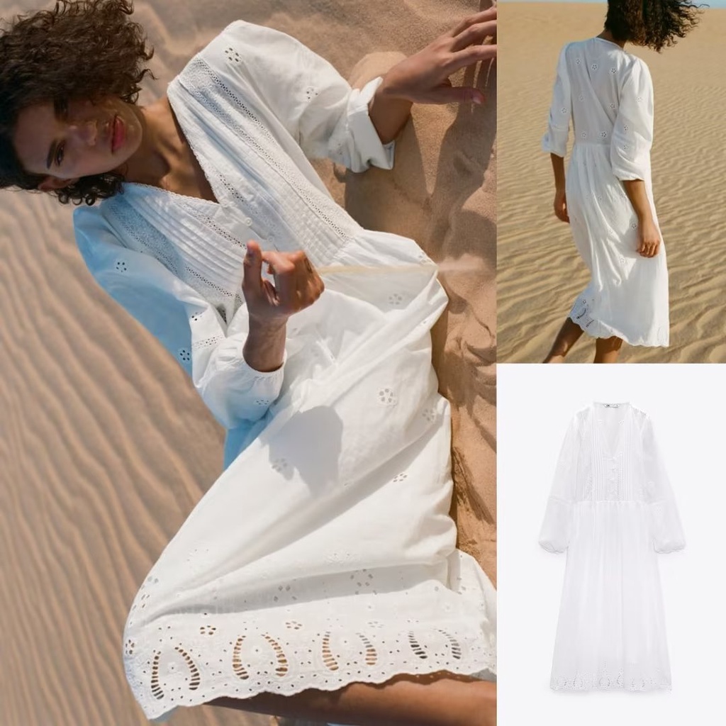 Zara Đầm Trắng Dáng Dài Rộng Cổ Chữ V Thêu Họa Tiết Thời Trang Mùa Hè 5598050