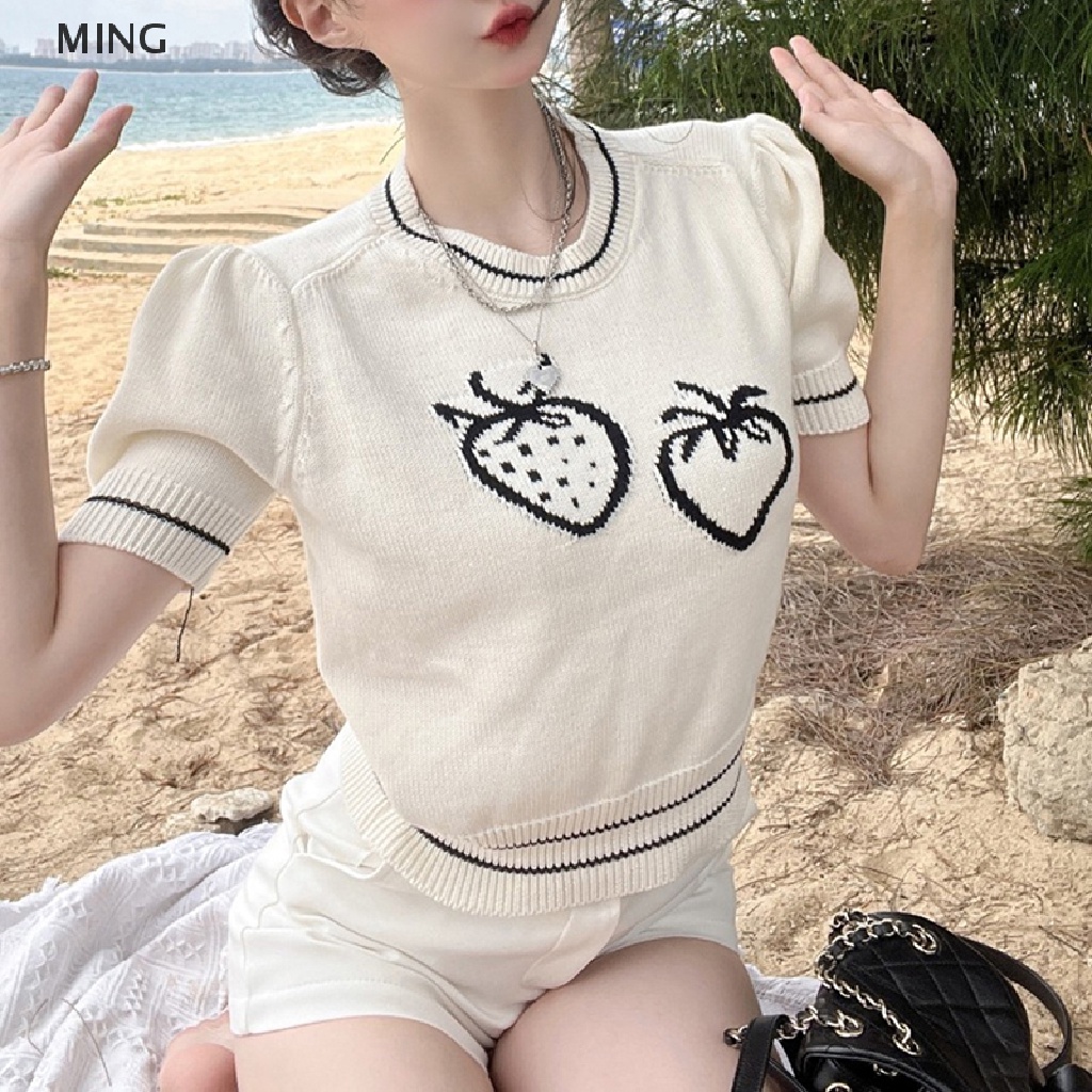 Áo Thun Dệt Kim Tay Ngắn Cổ Tròn In Hình Dâu Tây Phong Cách Retro Dành Cho Nữ