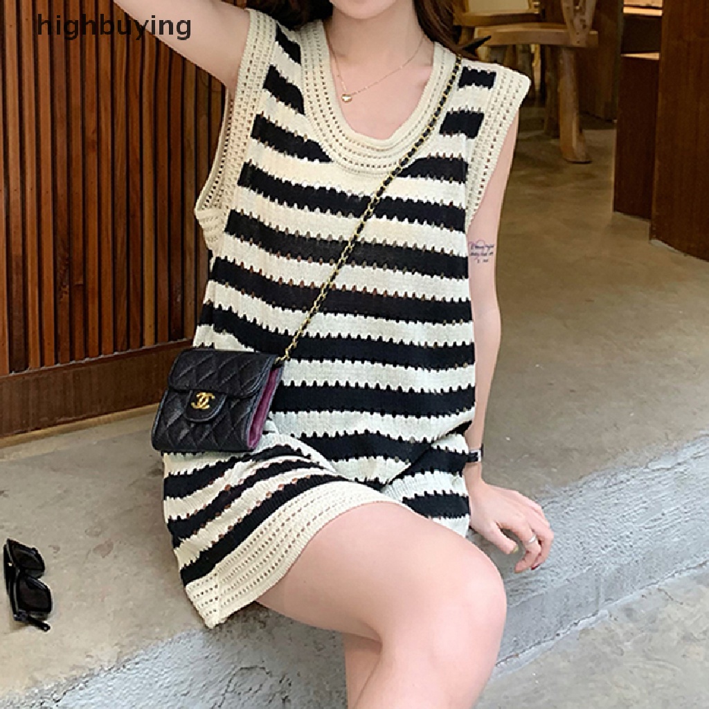 Đầm Dệt Kim Không Tay Cổ Tròn Họa Tiết Kẻ Sọc Belle Y2K Phong Cách Hàn Quốc