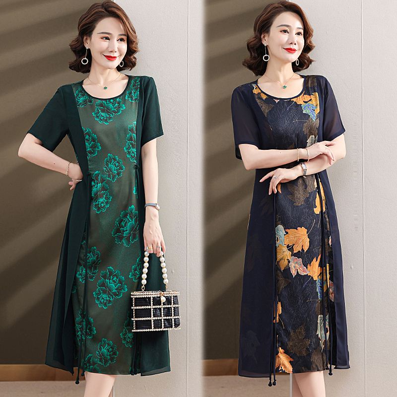 Đầm Chiffon Tay Ngắn Giả Hai Mảnh Phong Cách Phương Tây Thời Trang Mùa Hè Mới 2023 Dành Cho Phụ Nữ Trung Niên