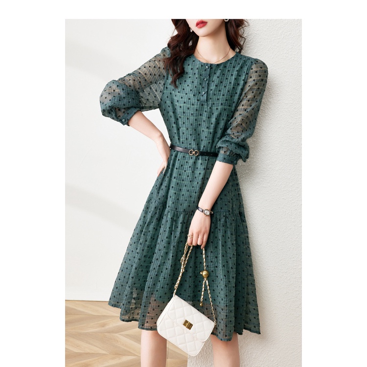 Đầm váy xanh voan hoa nhí hè thu đi chơi đi làm du lịch thời trang nữ quảng châu cao cấp phối belt bán chạy Xiny D178230