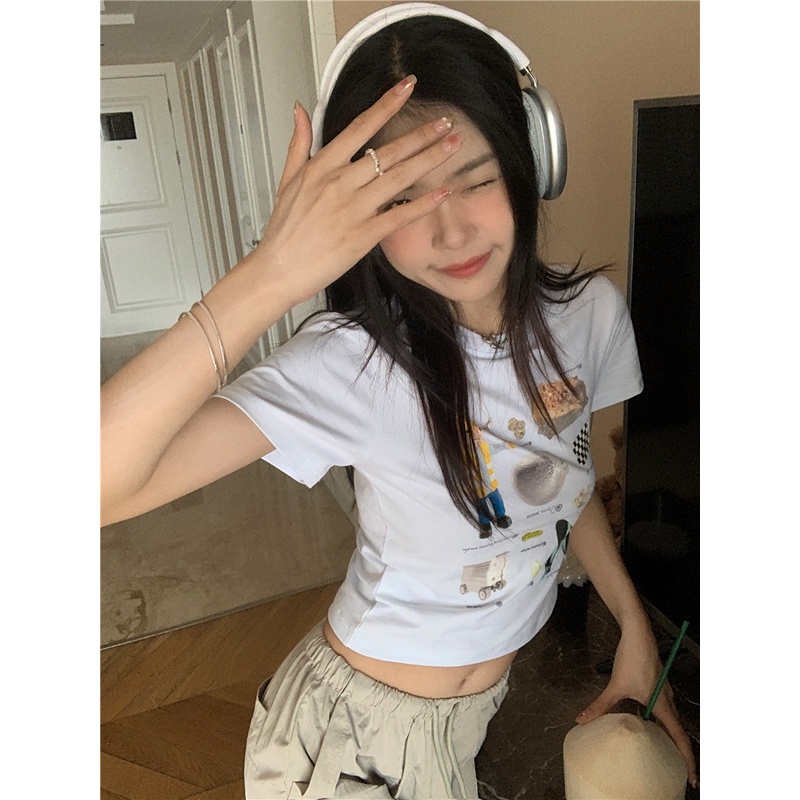 SUXI Áo Thun Tay Ngắn Cổ Tròn Dáng Ôm In Họa Tiết Thời Trang Mùa Hè Xinh Xắn Cho Nữ