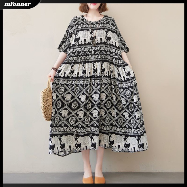 Đầm Tay Ngắn Cổ Tròn Lưng Cao Phong Cách Dân Tộc Thời Trang Mùa Hè Dành Cho Nữ