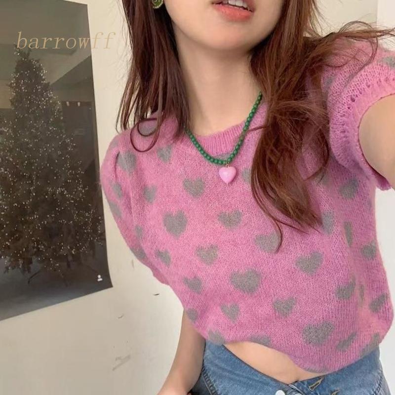 Áo Croptop Dệt Kim Tay Ngắn Cổ Tròn Dáng Rộng Thoải Mái Thời Trang Mùa Hè Cho Nữ