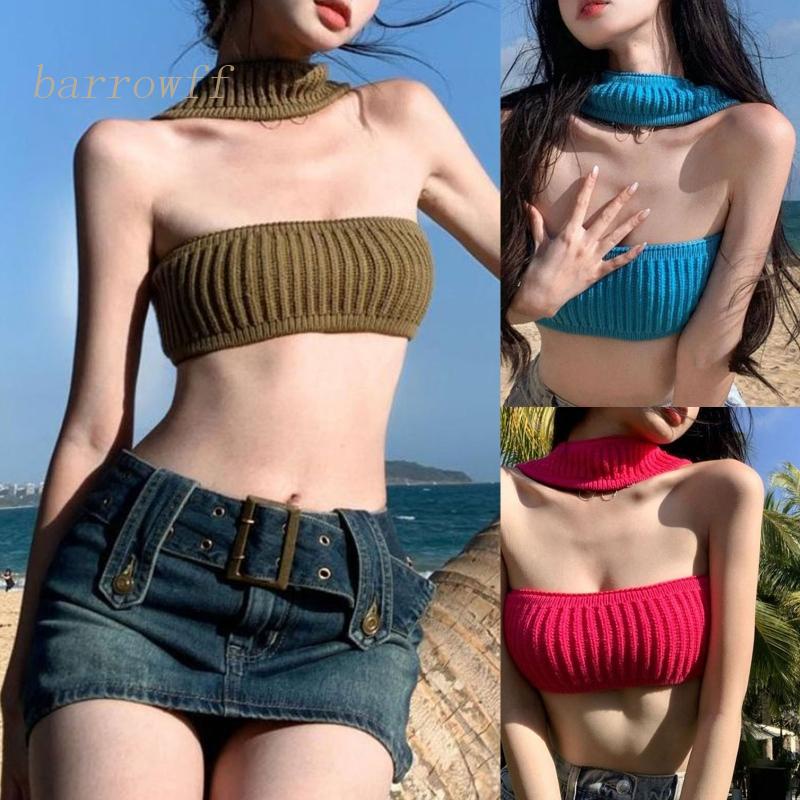 Brroa Áo Croptop Dệt Kim Hở Vai Có Gân Khoét Rỗng Gợi Cảm Đi Biển Cho Nữ