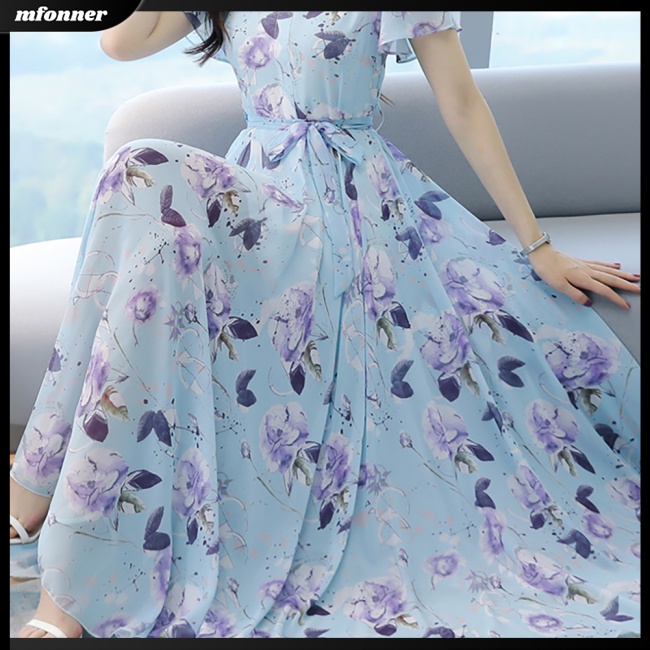 Đầm Tay Ngắn Cổ Tròn In Hoa Thời Trang Mùa Hè Xinh Xắn Cho Nữ