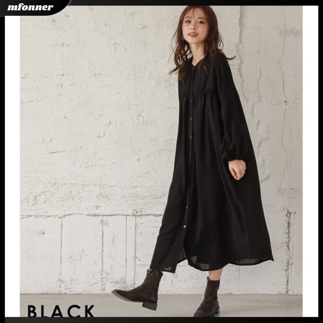 Đầm Dài Dáng Rộng Cổ Tròn Tay Phồng Màu Sắc Đơn Giản Thời Trang Cho Nữ