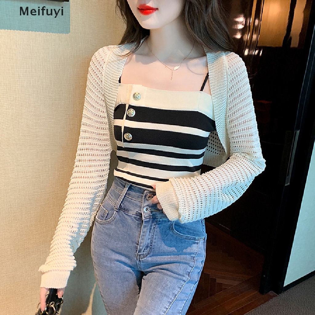 Áo Dệt Kim Hai Dây Cài Nút Họa Tiết Kẻ Sọc Thời Trang Mùa Hè Quyến Rũ Cho Nữ