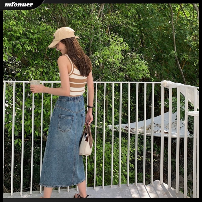 Áo Hai Dây Dệt Kim Kẻ Sọc Thoáng Khí Phong Cách Retro Cho Nữ