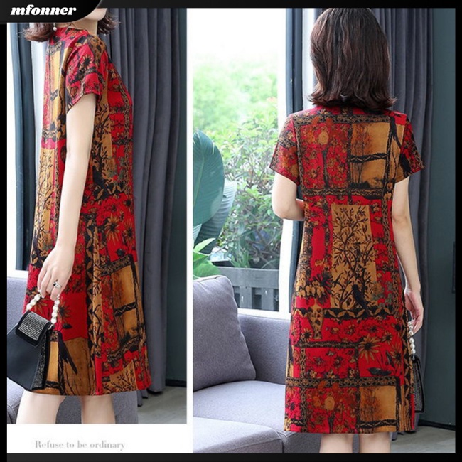 Đầm Midi Giả Lụa Lạnh Tay Ngắn Cổ Tròn Dáng Rộng Thời Trang Cho Nữ