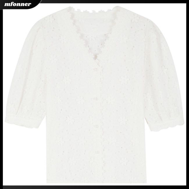 Áo Kiểu Tay Phồng Cổ Chữ V Phối Ren Phong Cách Retro