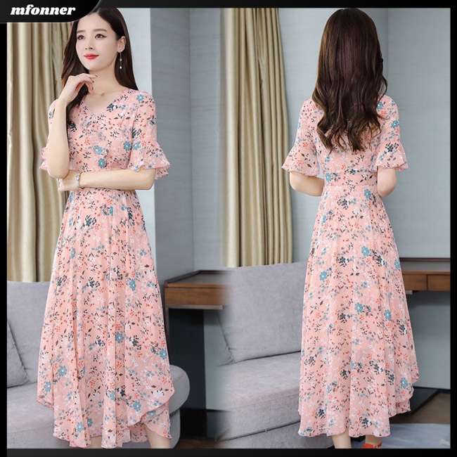 Đầm Dài Tay Cổ Chữ V In Hoa Thời Trang Mùa Hè Giản Dị Dành Cho Nữ