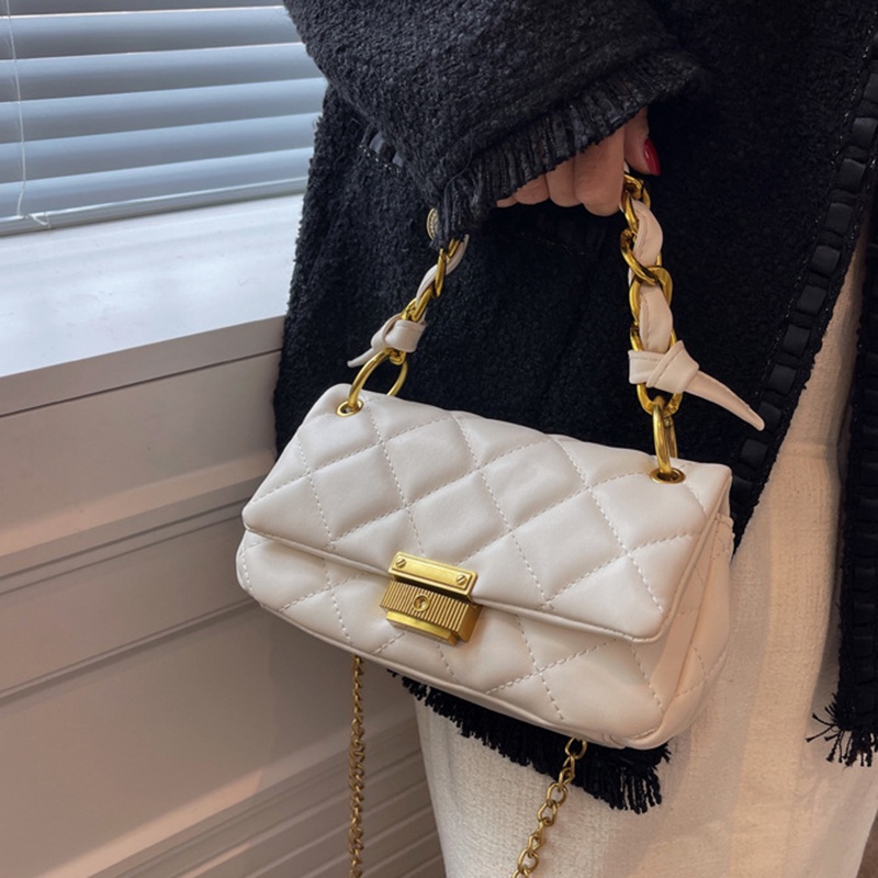 Túi Xách Đeo Vai Màu Trơn Thêu Họa Tiết Hình Thoi Thời Trang Hàn Quốc Cho Nữ