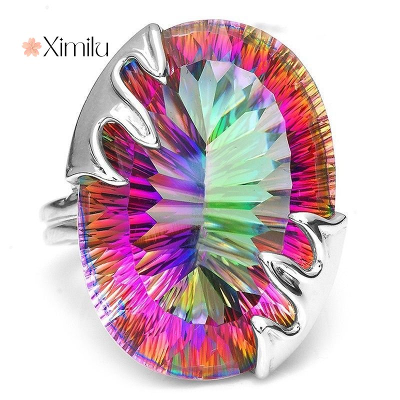 ⭐ Nhẫn Đính Hôn Bạc Hình Trứng Đính Đá Topaz Màu Cầu Vồng Sang Trọng