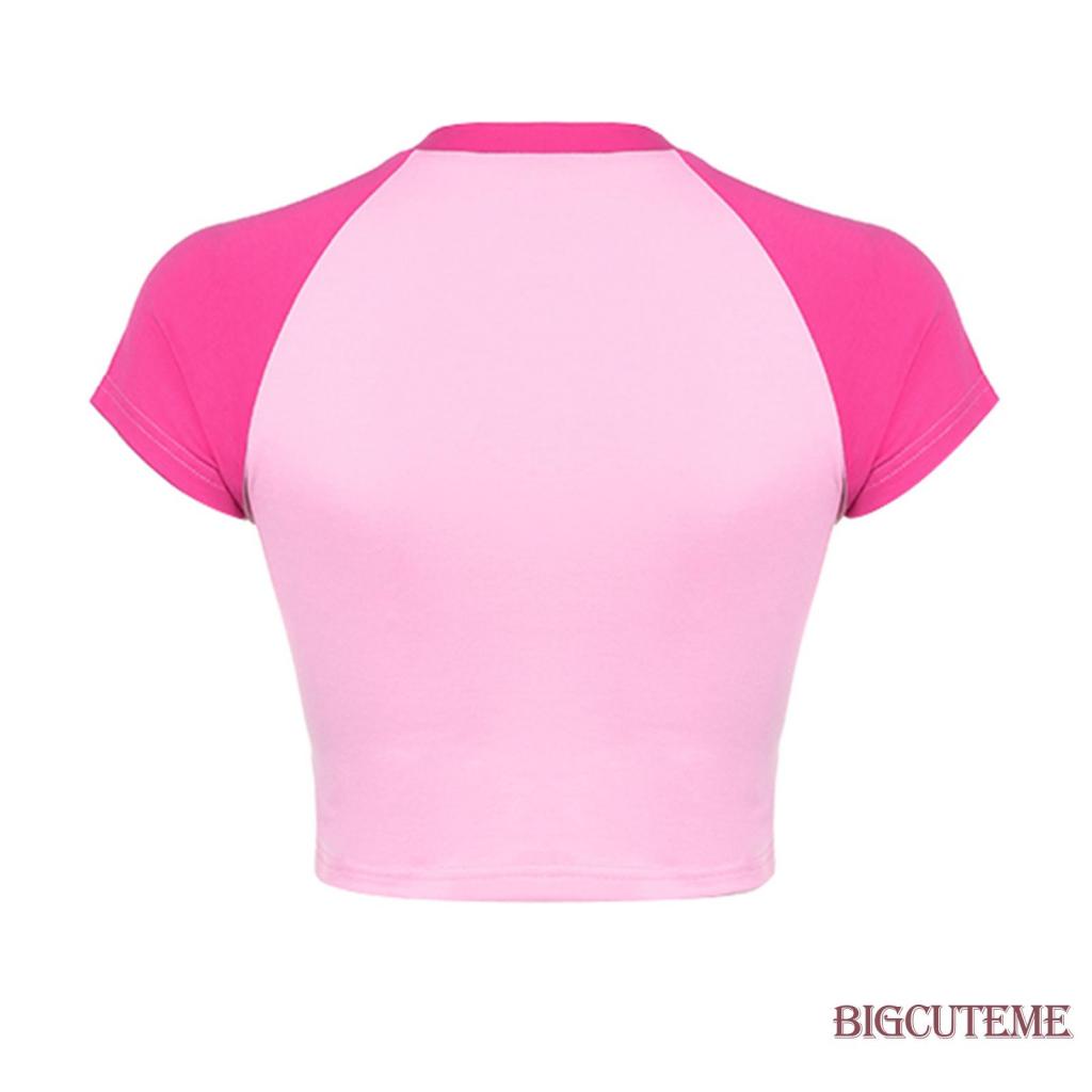 [] Áo Thun Crop Top Tay Ngắn Cổ Tròn In Chữ Và Ngôi Sao Màu Sắc Tương Phản Ôm Dáng Vừa Vặn Cho Nữ