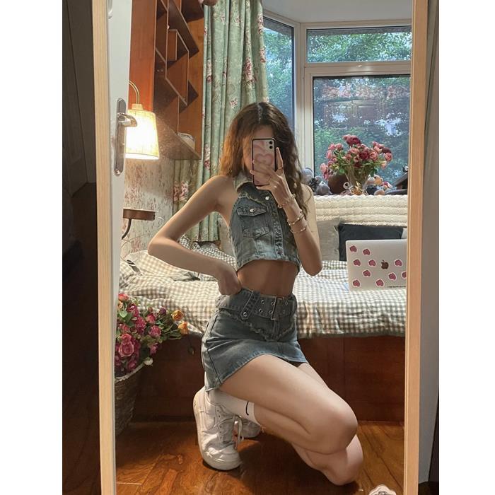 Set Áo denim Sát Nách Và Chân Váy Lưng Cao Phong Cách Retro Dành Cho Nữ