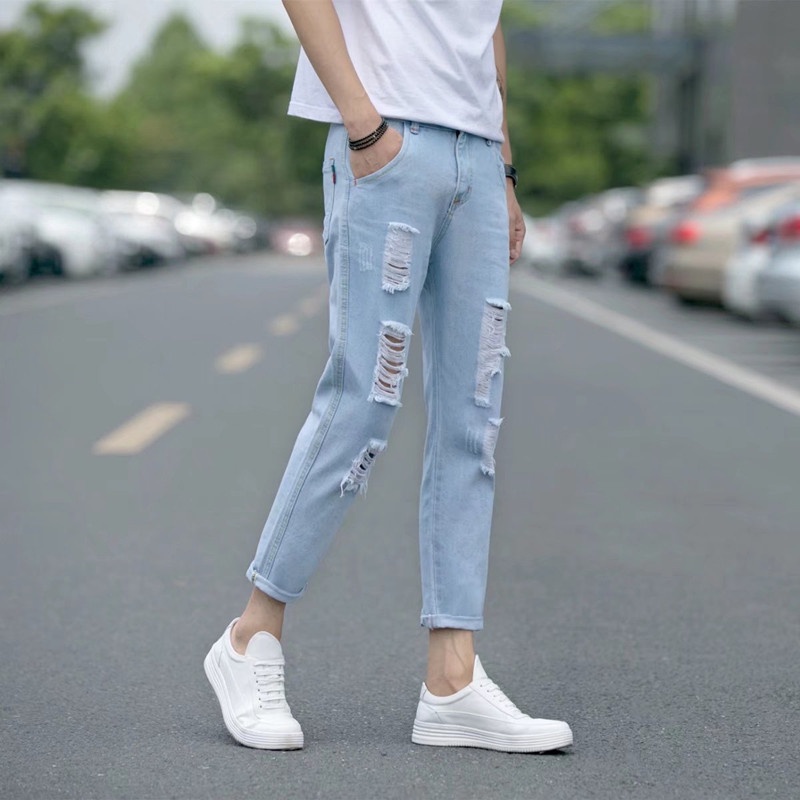 Quần Jean Dài Rách Gối Phong Cách Hàn Quốc Trẻ Trung Dành Cho Nam