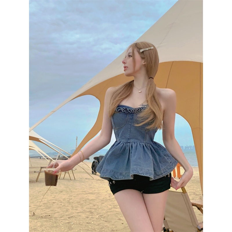 Áo Thun denim Hở Vai Thời Trang Hè Cá Tính Cho Bé Gái