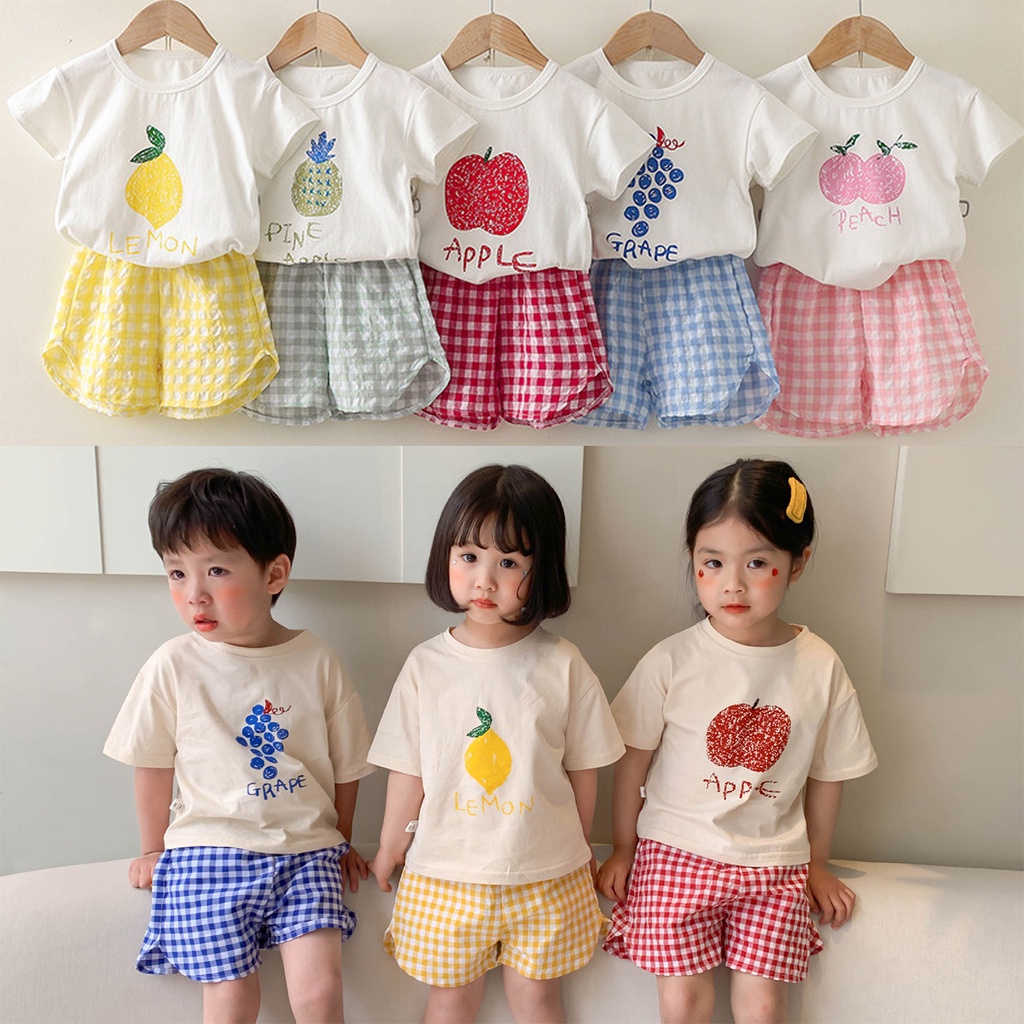 Set Áo Thun Tay Ngắn Họa Tiết Quả Táo / Dứa / Nho Nhỏ Nhắn Dễ Thương Cho Bé Gái