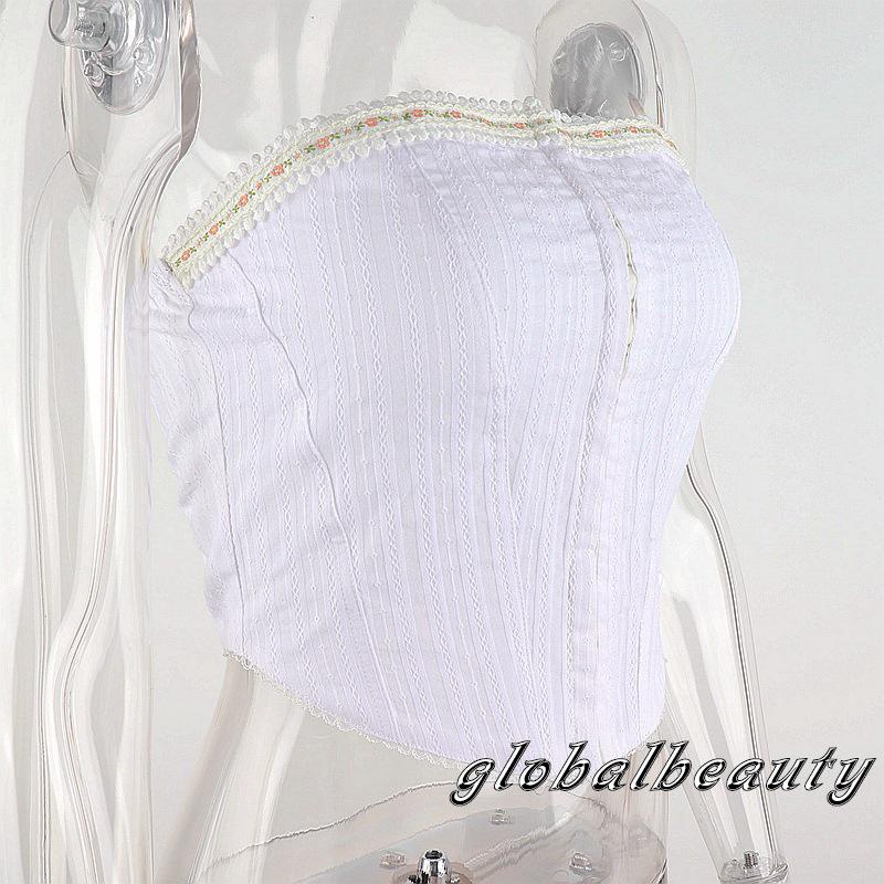 Gb-áo Nịt Ngực Một Hàng Nút Họa Tiết Hoa Màu Trắng Hở Vai Ôm Dáng Size S / M / L