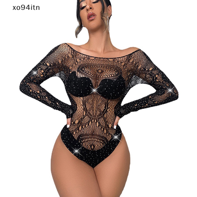 Bộ Áo Liền Quần Tay Dài Hở Vai Phối Lưới Trong Suốt Lấp Lánh Quyến Rũ