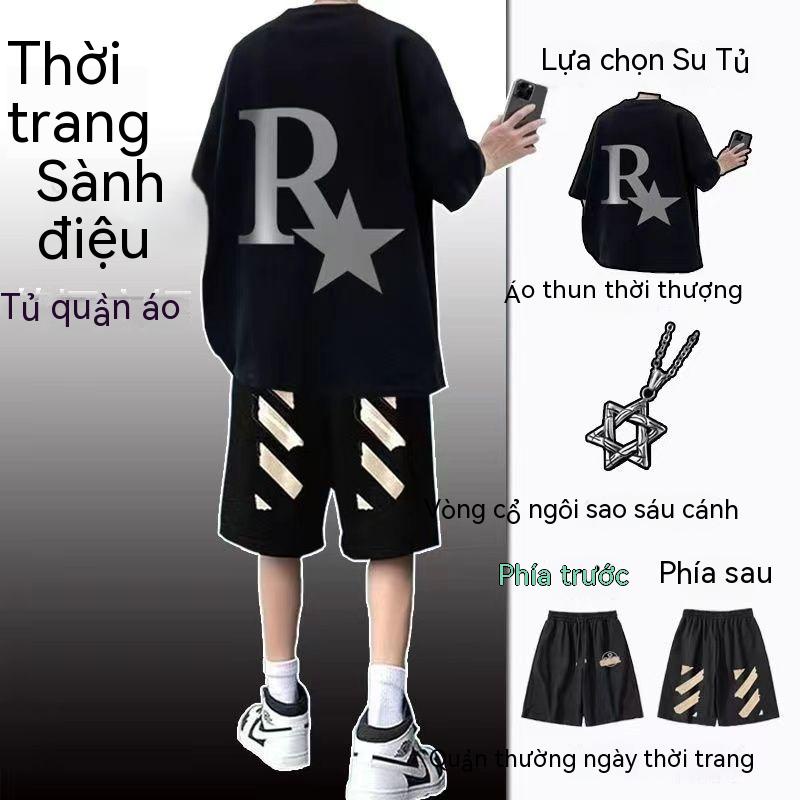 【luckin men's】áo thun form rộng+quần đùi thể thao nam，bộ đồ，Set Áo Thun Ngắn Tay In Chữ + Quần short Nam Tính，áo polo nam，đồ bộ nam，áo sơ mi，bigsize t shirt，áo thun đen，trắng，xám，kaki，xanh lam，quần short nam，hàn quốc