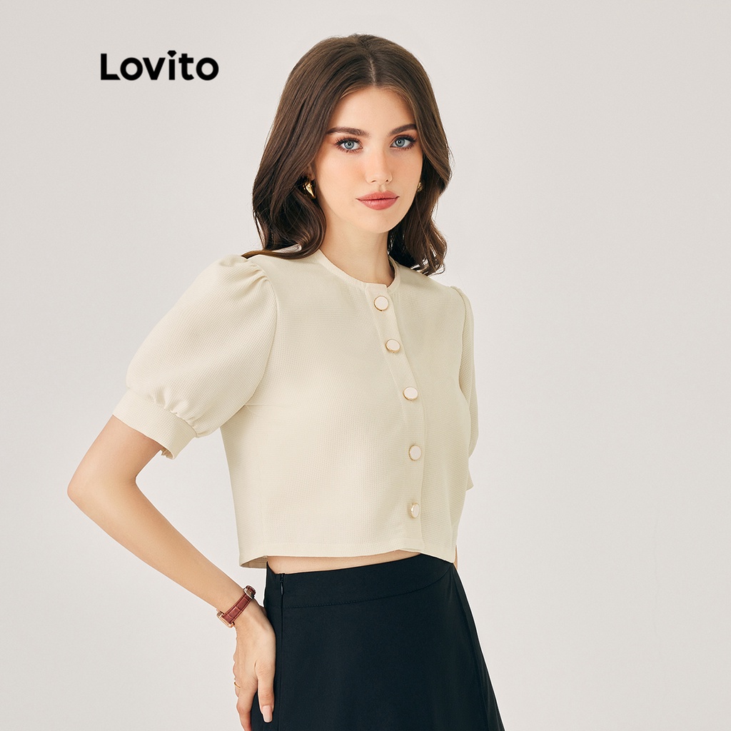 Lovito Casual Trơn Cài Nút Trước Tay Phồng Cổ Tròn Tay Ngắn Nữ L39ED014 (Off White)