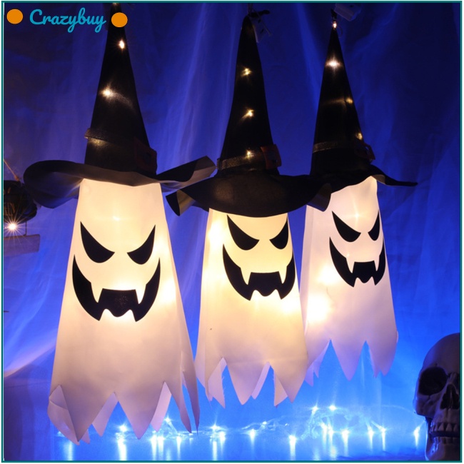 Cr Phụ Kiện Trang Trí Halloween Hình Ma Đội Nón Phù Thủy Có Đèn Led Phát Sáng Độc Đáo