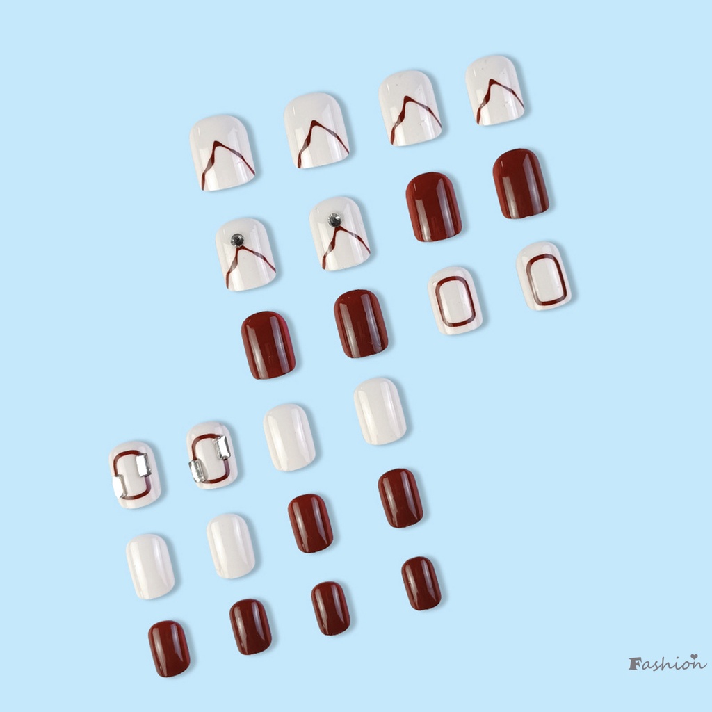 Burgundy Móng Tay Giả Ngắn Đính Đá Lấp Lánh Dễ Sử Dụng
