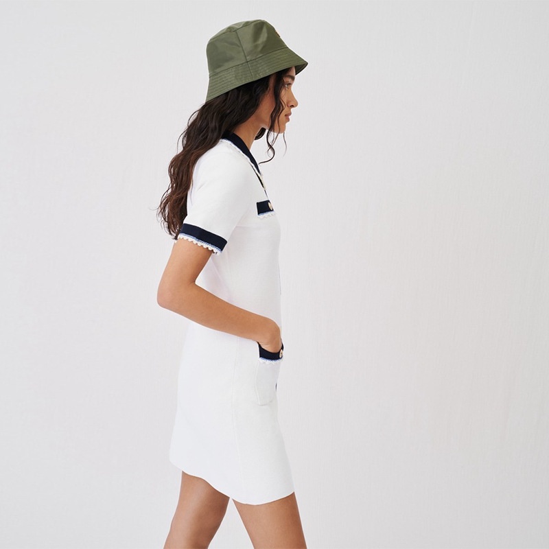 Maje spring and summer polo collar contrast color lace short sleeve slim knit dress women 0144