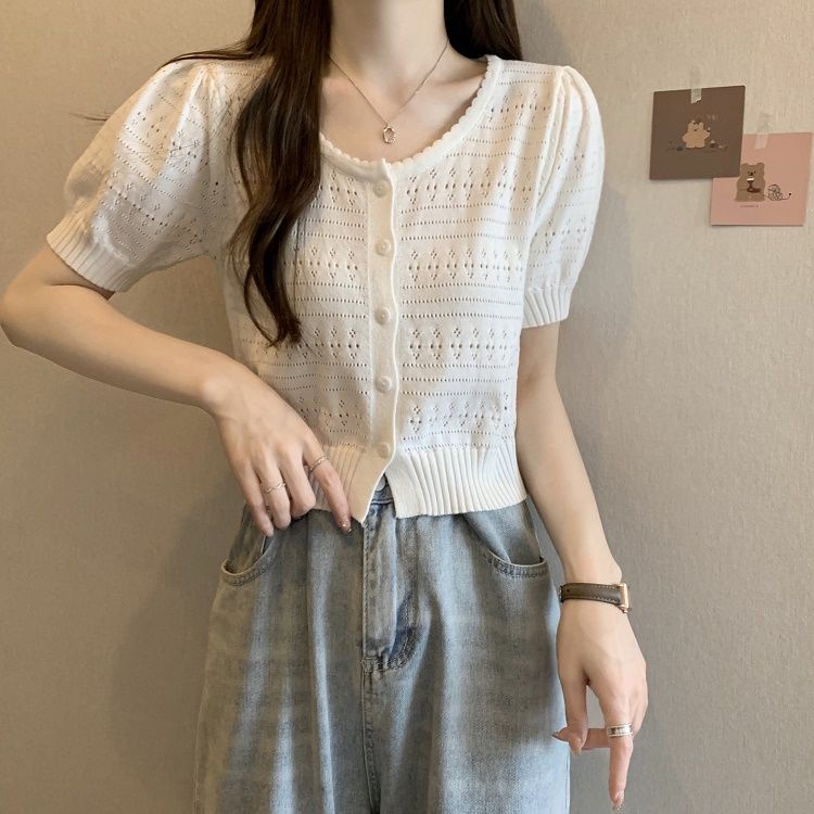 Áo Cardigan Dệt Kim Tay Ngắn Phồng Thời Trang 2023 Cho Nữ