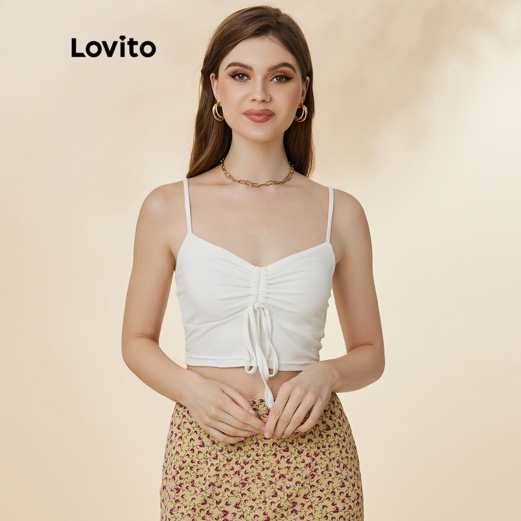 Áo tanktop Lovito hai dây mảnh phối dây rút màu trơn phong cách thường ngày L19D387 (Màu trắng)