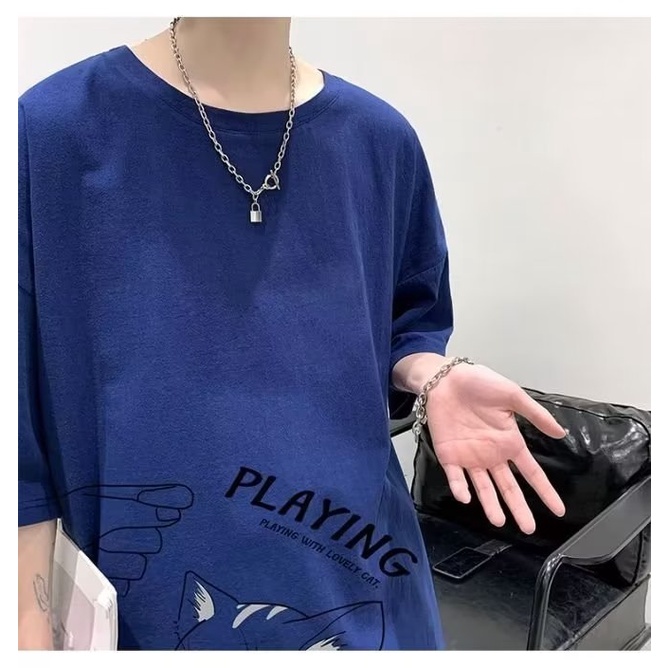 Áo Thun Tay Ngắn Cổ Tròn In Hình Mèo Dễ Thương Phong Cách Hàn Quốc Thời Trang Mùa Hè 4 Màu Lựa Chọn Cho Nam M-8XL