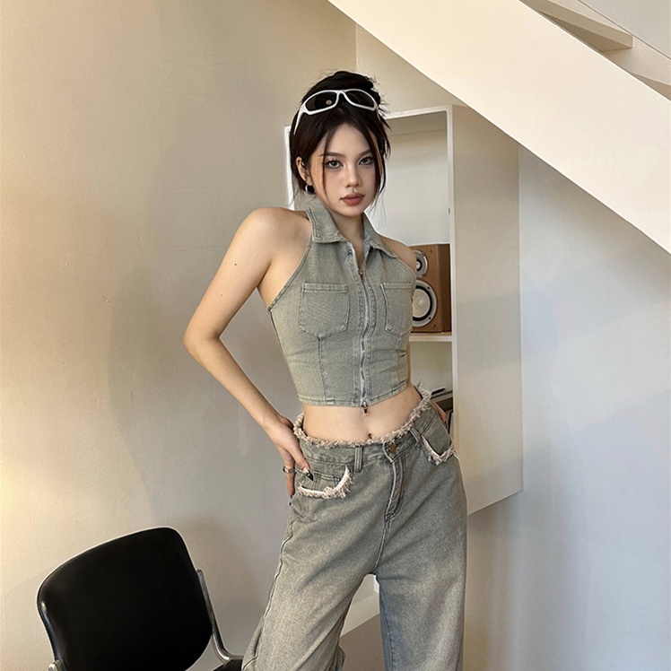 COZOK Áo denim Không Tay Phối Khóa Kéo Phong Cách retro Thời Trang