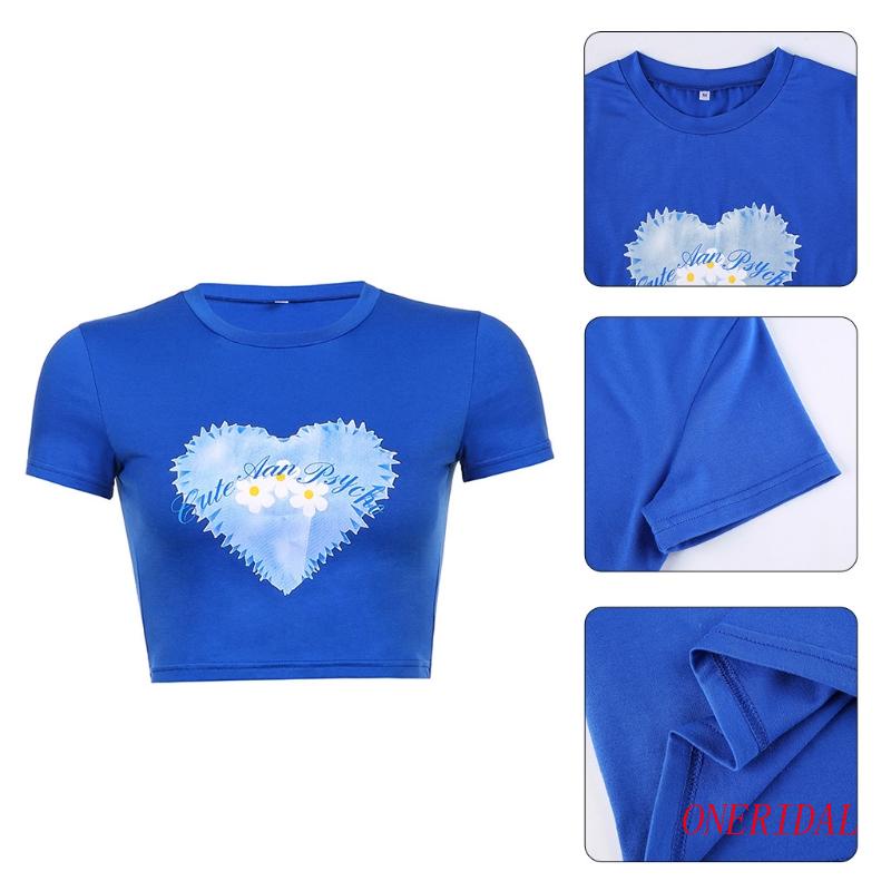 Áo Thun Croptop Tay Ngắn Cổ Tròn In Họa Tiết Trái Tim Phối Màu Tương Phản Phong Cách Harajuku Thời Trang Mùa Hè Cho Nữ