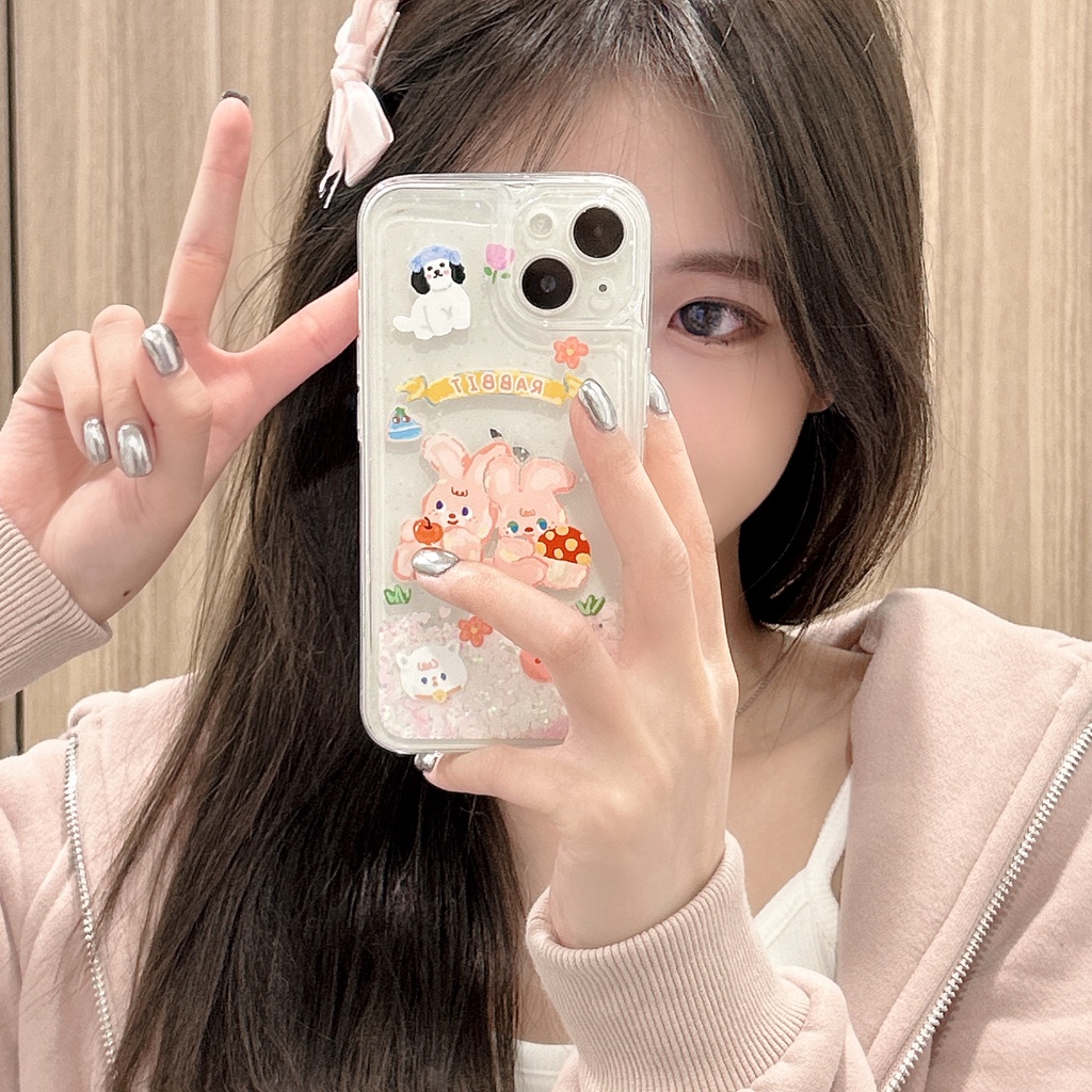 Ốp Điện Thoại PC Cứng Họa Tiết Thỏ Hoạt Hình Phối Cát Lún Lấp Lánh Chống Sốc Cho iPhone11 12 13 14 Pro Max