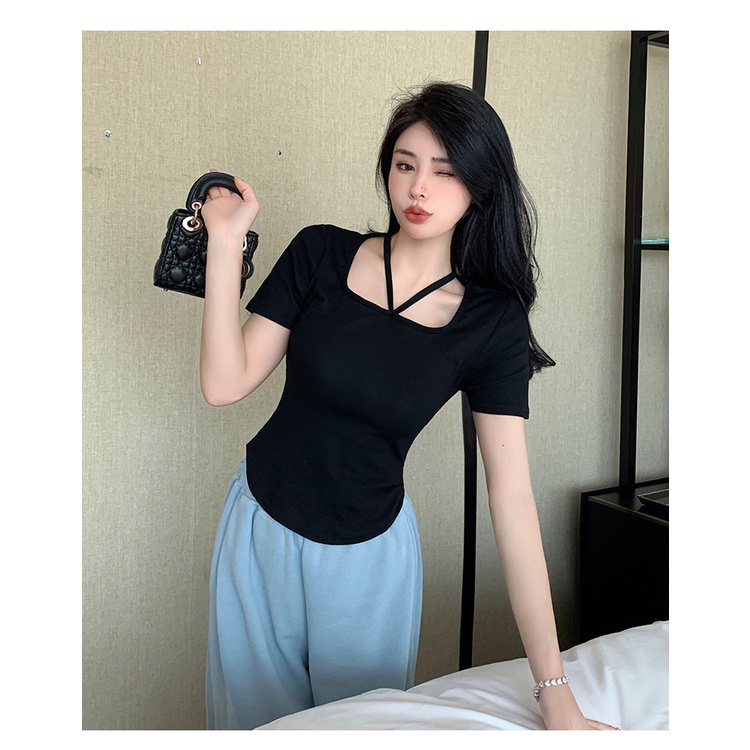 SUXI Áo Thun Tay Ngắn Cổ Vuông Màu Trơn Thời Trang Mùa Hè Cho Nữ